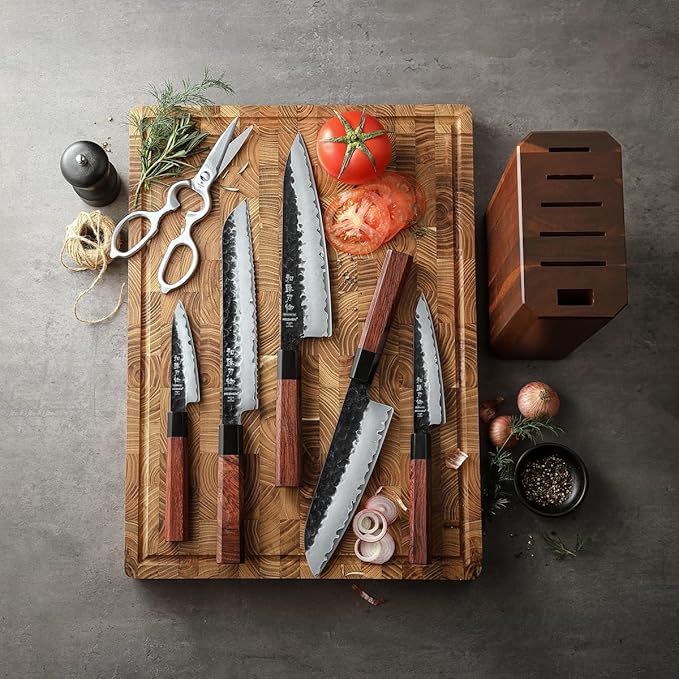 HEZHEN Knife Blocks Kitchen Knife Set, Chef Couteaux Set Kitchen Knives, Japanese Style Santoku Knife, Kitchen Scissors Acacia Wood Knife Block