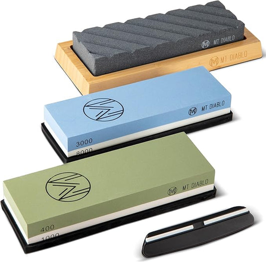 Mt Diablo Knife Sharpener Stone Kit for Chefs & Woodworkers: Dual-Grit Whetstones 400/1000 & 3000/8000, Premium White Corundum, Knife Sharpening Kit with Bamboo Base & Angle Guide, Flattening Stone