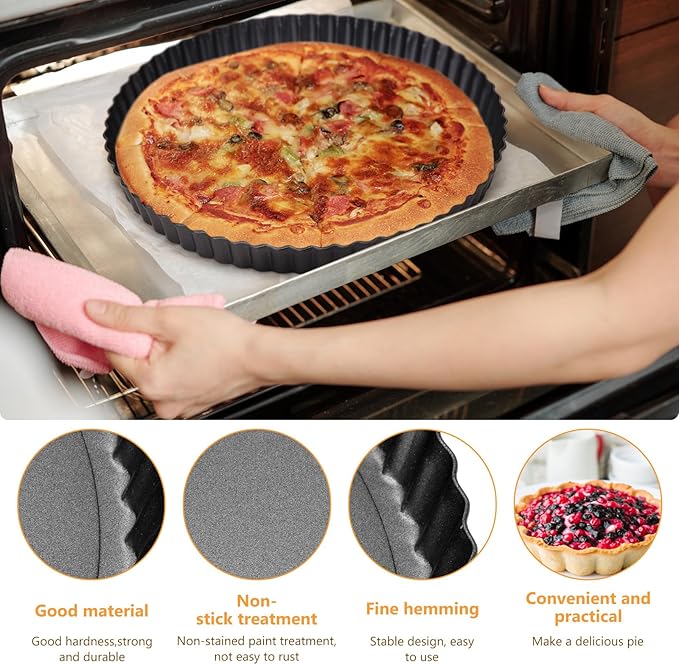 Layhit 34 Pcs Tart Pans - 2x 9.5" + 16x 3" Small + 16x 4" Mini Non Stick Tart Pans with Removable Bottom for Baking, Heavy Duty Carbon Steel Quiche Molds