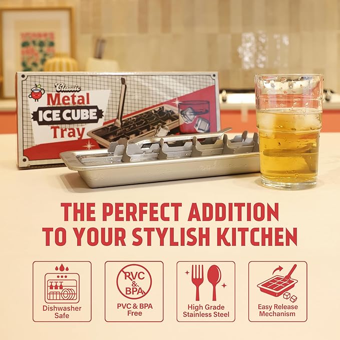 Stainless Steel Double Ice Cube Trays with lever and Stand (11", 36 cubes), Classic Metal Ice Cube Trays for Freezer, Non Toxic, Plastic Free, Dishwasher safe