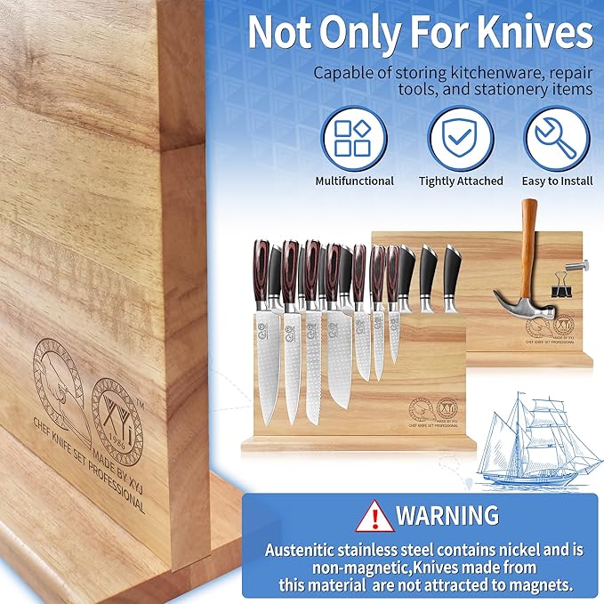 XYJ Authentic Since 1986 Magnetic Knife Block, Powerful Double-Sided Wooden Magnetic Knife Holder, Cutlery Display, Universal Kitchen Knife Stand Storage Rack Without Knives