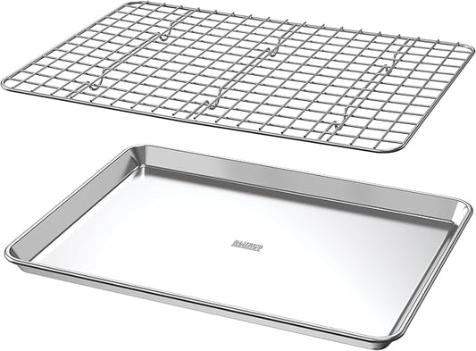 Baker's Secret Non Toxic Bacon Tray for Oven, PTFE, PFAS, PFOA Free, 100% Recycled Aluminum, Bakeware Set Cookie Sheet 18" with Stainless Steel Rack Never Rust - The Natural Aluminum Collection
