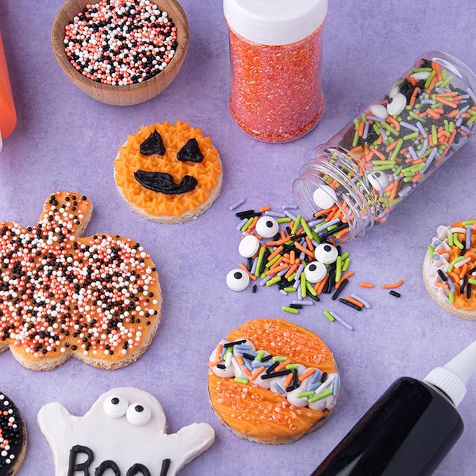 Sweets Indeed Halloween Sprinkles 4-Pack – 11.57 oz Jar Set | Candy Eyeball Mix, Bat & Pumpkin Quin Mix, Orange Sanding Sugar & Black/White/Orange Nonpareils | Cupcake & Cookie Decorations