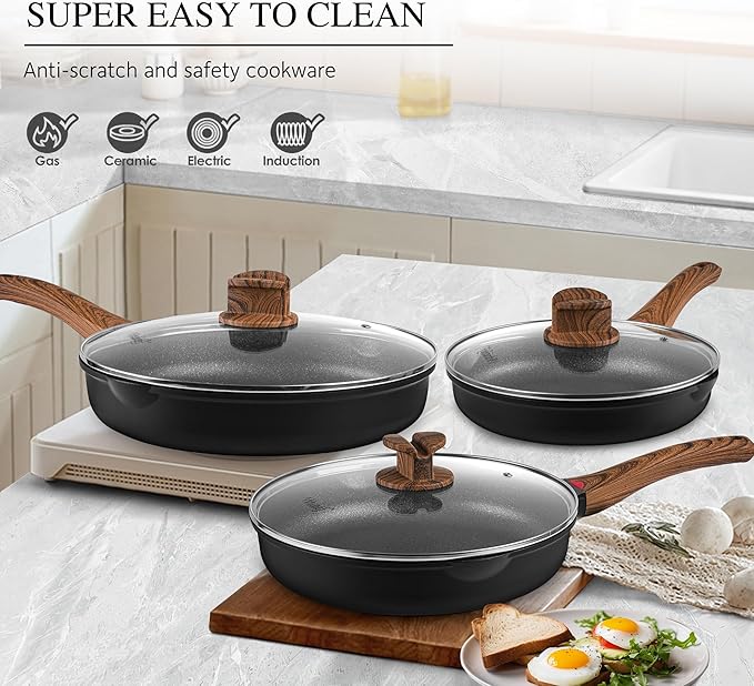 Vinchef 12.5" Non Stick Frying Pans, Skillet with Lid Used for All Stoves, Induction Non Toxic Cookware, Cooking Pans Nonstick Capable of Kitchen