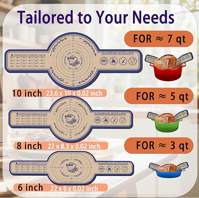 Silicone Bread Sling for Dutch Oven, 3 Pack (8", 10" Round & 6" Oval) – Non-Stick & 500°F Heat Resistant Sourdough Mat, Easy to Clean, Reusable Food-Grade Slings – Fits 3–7 qt Dutch Ovens