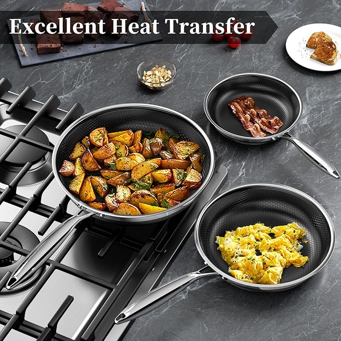 Innerwell Nonstick Frying Pan Set,8 Inch&9.5 Inch&11 Inch Tri-Ply Hybrid Stainless Steel Ceramic Frying Pans Kitchen Cooking Pan Skillet 3 Piece PFAS/PFOA/PTFE Free,Dishwasher & Oven Safe