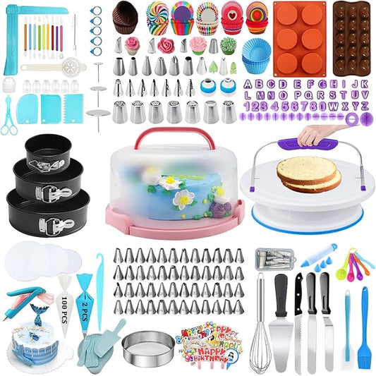Gawren-H&E Cake Decorating Kit, 678pcs Cake Decorating Supplies Tools Kit with Cake Carrier,Rotating Turntable,Piping Bags and 74 Tips set,Cake Pan Set,Cake Baking Supplies for Beginners/Professional