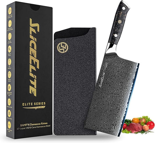 SliceElite Elite Series 7 Inch Meat Cleaver Knife Damascus VG10 Core Forged Carbon Fiber Handle Heavy Duty Chopper Sharp Kitchen Butcher Bone Cutter Vegetable Fruit Chef Tool Polymer Blade Guard Gift