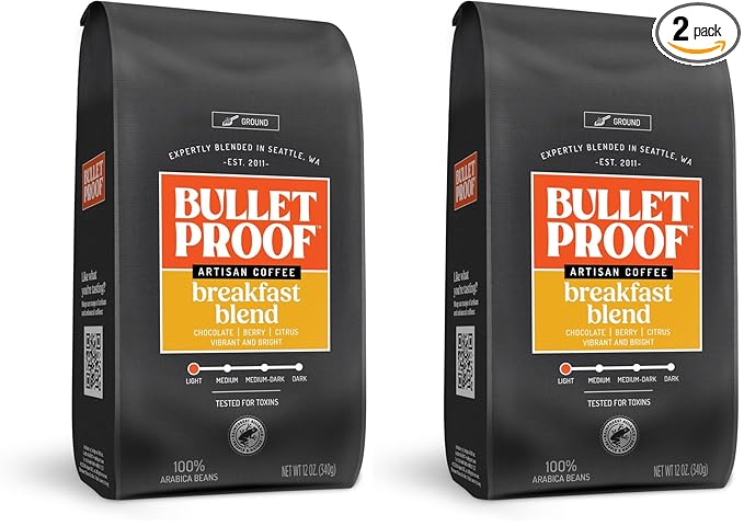 Bulletproof Breakfast Blend Light Roast Ground Coffee, 12 Ounces, Clean Coffee Tested for Toxins, Packaging May Vary (Pack of 2)