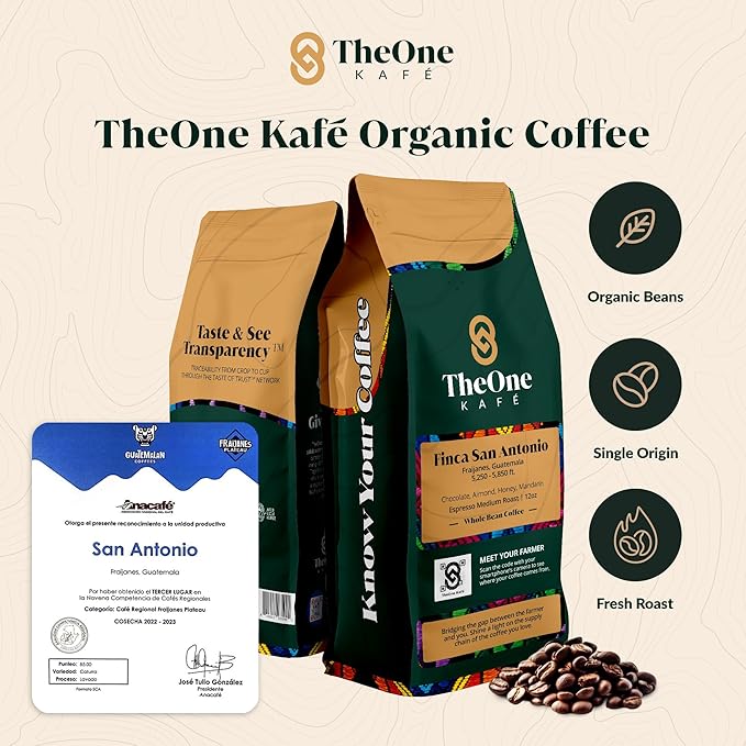 TheOne Kafé Guatemala Medium Roast Whole Bean Coffee – Organic, Single Origin, Premium Specialty Coffee and Ethically Sourced – Fresh Roasted for Espresso, Drip, Pour Over – 12 oz (Pack of 2)