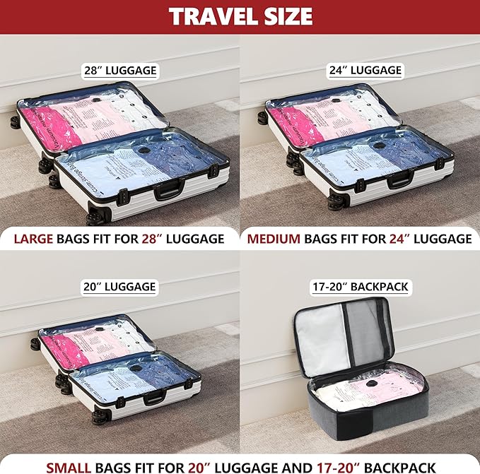 SUOCO Travel Vacuum Bags for Luggage with Portable Electric Pump, 8 Medium Packing Seal Bags for Clothing Suitcase Backpack, Space Saver Compression Clothes Storage Bags