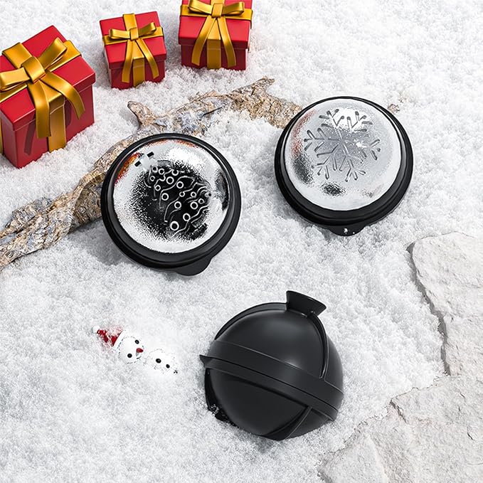 Novelty Christmas Snowflake Tree Ball Ice Maker Mold Set of 4, Funny Christmas Snowflake Tree Gifts for Women, 2.36" Large Sphere Round Ice Cube Molds for Whiskey, Bourbon, Cocktails