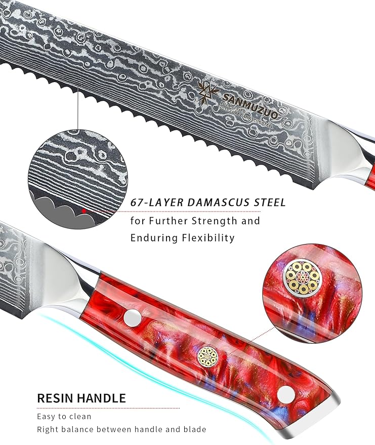 8” Bread Knife Serrated Kitchen Chef Knife - Damascus Steel & Resin Handle - Xuan Series (Sunset Red)