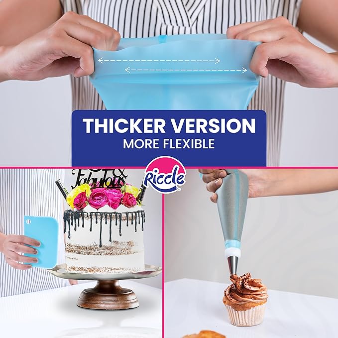 Riccle 88 pcs Cake Decorating Kit with Blue Cake Turntable - Includes 50 Disposable + 2 Reusable Piping Bags and Tips Set, 24 Icing Piping Tips, 2 Spatulas, 3 Icing Comb Scraper (Black)
