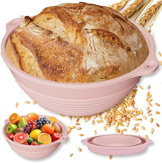 Upgraded Silicone Sourdough Bread Proofing Basket with Handles - Reinforced Rim Support, 9 Inch Non-Stick Round Dough Foldable Bowls for Sourdough Bread Baking, Oven & Dishwasher Safe-BPA Free (Pink)