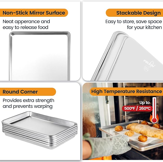 6 Pack Quarter Size Baking Sheet Pan, Aluminum Commercial Cookie Sheet Pan, Durable & Anti-Stick 13”x 10”