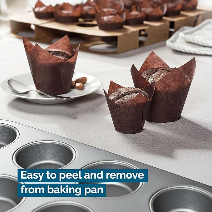 Tulip Cupcake & Muffin Liners – 50gsm Medium Floral Baking Cups – 267 Pcs Natural & Non Toxic Paper Wrappers for Wedding, Bakery, & Party Supplies, Brown, by BHI Packaging