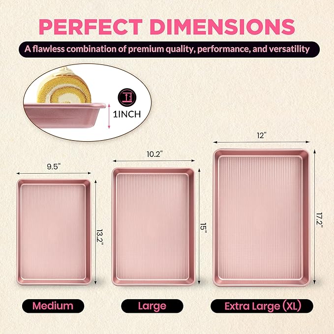 Saker nonstick baking sheet pan set,Multi-Use Non-Stick Baking Pan Set, Stackable Carbon Steel Cookie Sheets for Even Baking, Roasting & Meal Prep, Oven Safe & Easy Clean (pink)