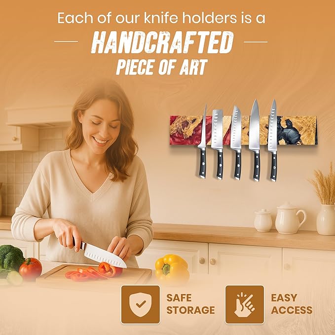 Magnetic Knife Holder for Wall 16 Inch |Premium Wood & Red and Grey Resin| Epoxy Knife Magnetic Strip, Kitchen Knife Block Holder with Strong Magnet, Space-Saving, Handcrafted Style & Easy to Install