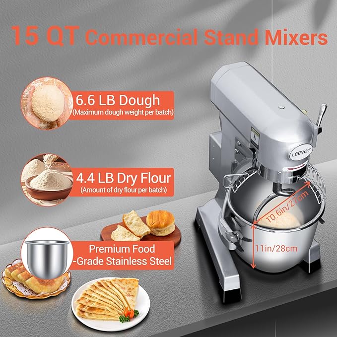 15 QT Bread Mixer, Commercial Industrial Grade Food Stand Mixer with Stainless Steel Bowl and 3 Types of Mixing Tools, Built for Professional Baking: Effortlessly Handles Large Recipes