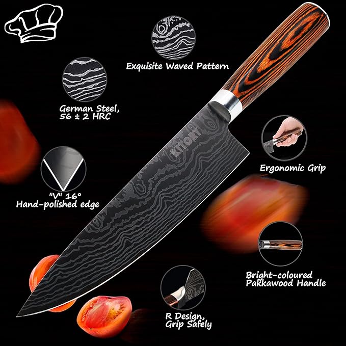 Chef Knife, 8 Inch Professional Kitchen Chef Knife with Sheath, German High Carbon Stainless Steel Ultra Sharp Knife, Chef Knives with Ergonomic Handle and Gift Box