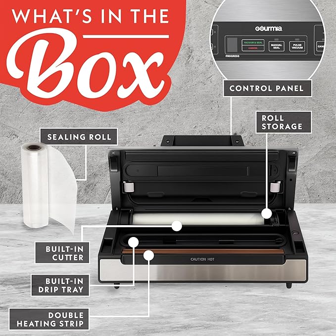 Gourmia Vacuum Sealer – Food Preservation System with Marinate Mode, Pulse Control, LED Display, Built-In Cutter, Gentle & Normal Vacuum Options, Stainless Steel