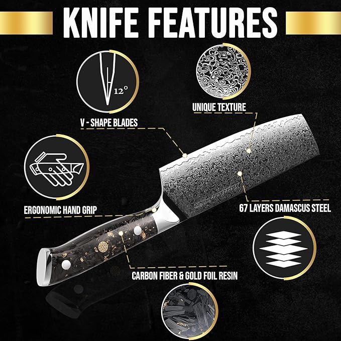 SliceElite Elite Series 7 Inch Nakiri Knife Damascus VG10 Core Forged Carbon Fiber Handle Polymer Guard Japanese Chef Vegetable Chopping Cleaver Kitchen Knife Sharp Cutting Cooking Tomato Butcher Tool