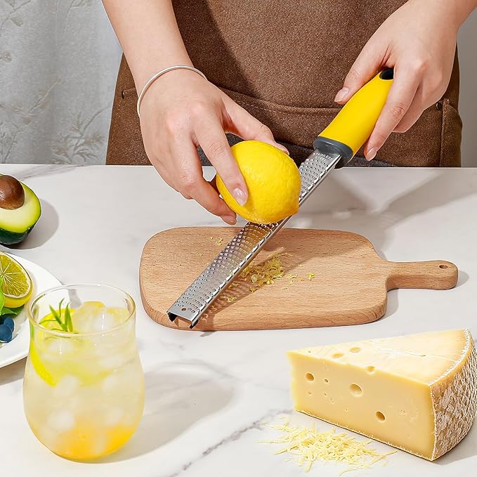 Koythin Zester, Lemon Zester & Cheese Grater with Brush, Heavy Duty Kitchen Tool for Zesting Citrus, Parmesan Cheese, Chocolate, Ginger, Fruits, Stainless Steel with Handle and Cover (Yellow)