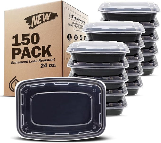 Freshware Meal Prep Containers [150 Pack] 1 Compartment with Lids, Food Storage Containers, Bento Box, BPA Free, Stackable, Microwave/Dishwasher/Freezer Safe (24 oz)