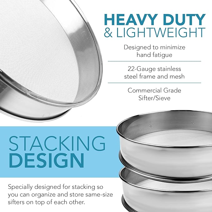 Stainless Steel Flour Sifter Fine Mesh Round Flour Sieve for Baking 9.5" Diameter x 2.5" High; 30 Mesh (Hole Size 0.6mm)