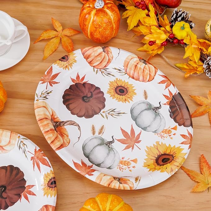 WDF 50 Pack Fall Oval Paper Plates - 10" x 12" Pumpkin and Maple Large Paper Plate - Thanksgiving Autumn Leaves Plates Disposable Heavy Duty Dinner Size - Suitable For Thanksgiving/Fall Theme Party