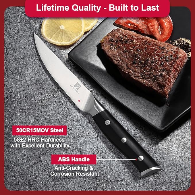 4.5 Inch Steak Knives Set of 8, Micro-Cutting Point Serrated Edge, Very Sharp Steak Knife, Dishwasher Safe, 50CR15MOV Stainless Steel, Handle Ergonomic And Full Tang Design With Gift Box