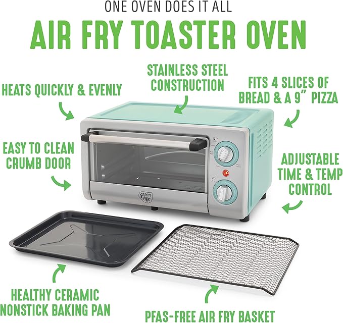 GreenLife Countertop Toaster Oven Air Fryer Stainless Steel, Healthy Ceramic Nonstick, PFAS Free, Tray & Basket, Bake, Broil, Reheat, Adjustable Temp & Time Control, Auto Shutoff, Turquoise