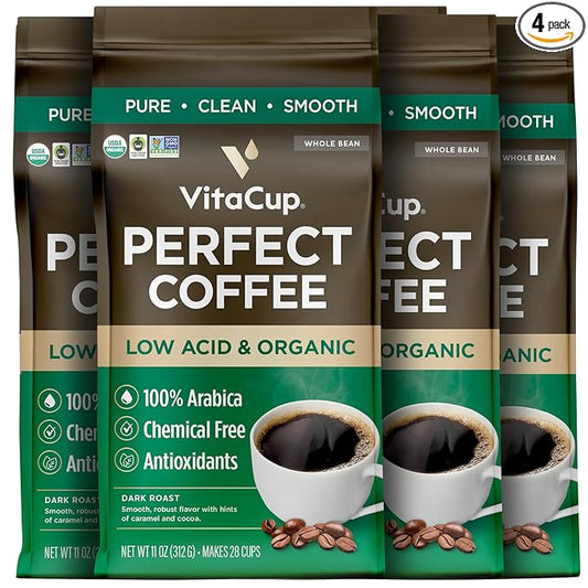 VitaCup Perfect Low Acid Coffee Beans, USDA Organic & Fair Trade, Mycotoxin Free, Dark Roast Guatemala Single Origin, Clean & Pure, Low Acidity, Whole Bean Coffee, 4 bags, 11oz each