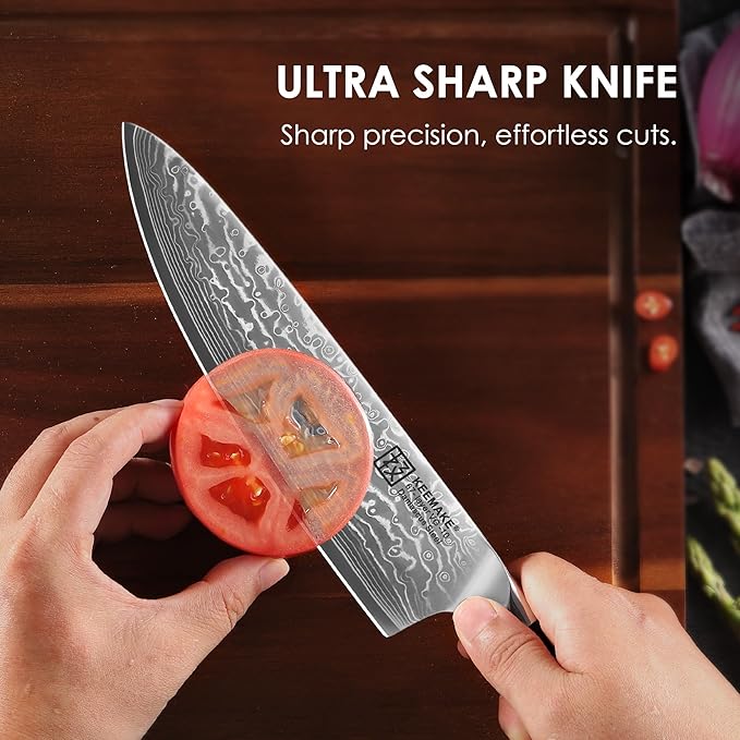 KEEMAKE Damascus Kitchen Knife Set 2 PCS, Ultra Sharp 67 Layer Damascus Steel Chef Knife and Paring Knife, Knives Set for Kitchen with G10 Non-slip Handle for Meat Vegetable Fruit