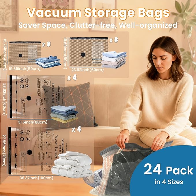 24PCS Vacuum Seal Bags for Clothing with Electric Pump - 8 Small, 8 Medium, 4 Large, 4 Jubom - Space Saver Vacuum Storage Bags for Bedding, Blanket, Pillow, Comforter, Travel, Seasonal Storage