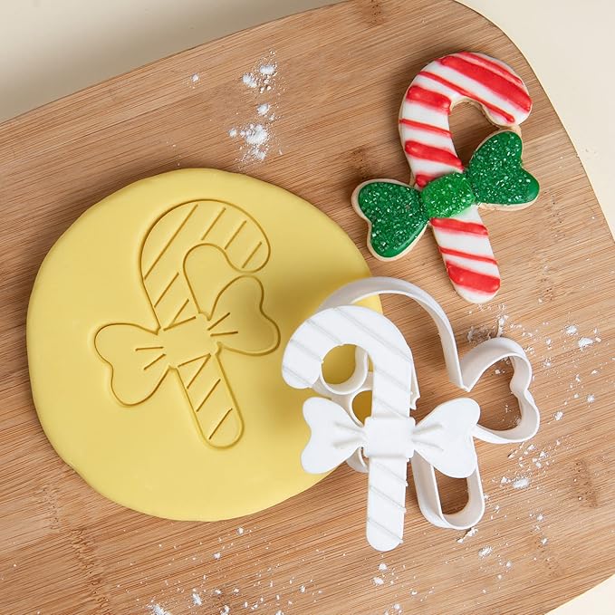 Flycalf Christmas Cookie Cutters Candy Cane Shapes with Plunger Stamps Holiday PLA Baking Accessories Cutter Molds Gifts Decorative Party 3" Kitchen Cake Supplies
