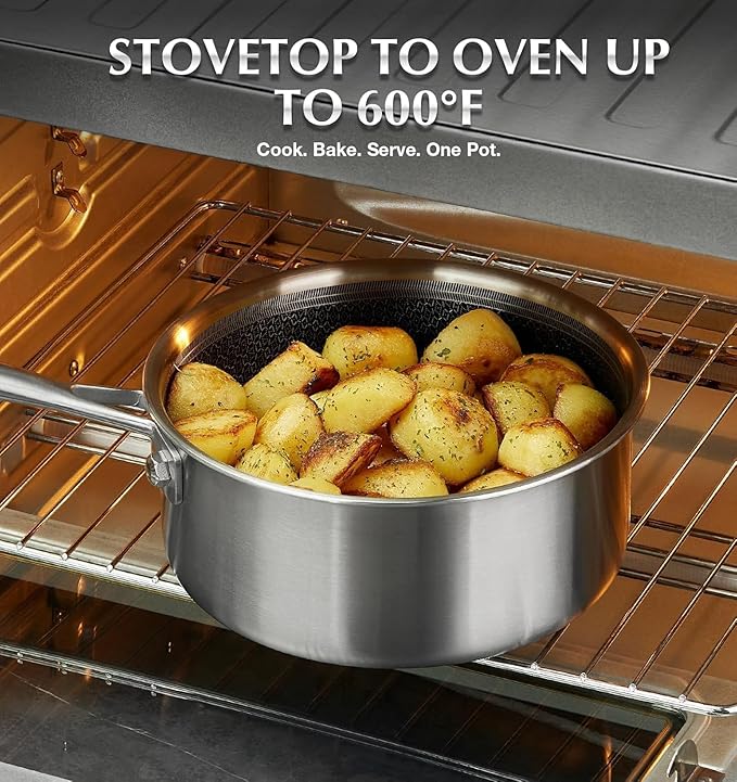 KOCH SYSTEME CS Hybrid Nonstick Stainless Steel Saucepan Set with Steamer Insert, 7PCS Triply Stainless Steel Pot Set 1Qt, 2Qt & 3Qt, 18/10 Steel Sauce Pan Set with Lids, Induction & Oven Safe
