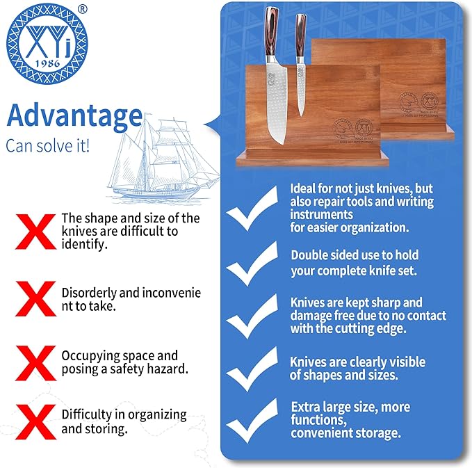 XYJ Magnetic Knife Block Holder Rack Acacia Wood Magnetic Stands with Strong Enhanced Magnets Multifunctional Knife Holder Kitchen Storage Organizer Tool Accessories