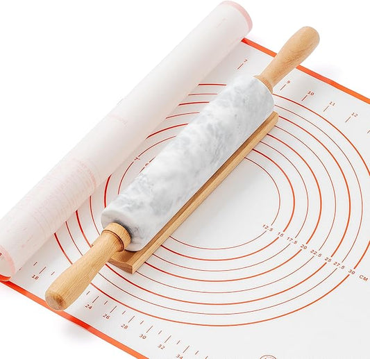 WORHE Marble Rolling Pin with Non-Stick Silicone Mat & Wood Base, 16.9-Inch Heavy Weight Dough Roller for Pizza Crust, Cookies, Pasta, Fondant, Pastry Polished Non-Stick Surface White (WH076)