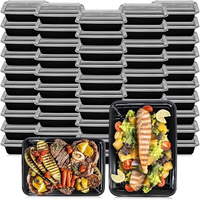 Klex 28 Oz, 50 Sets Meal Prep Containers with Airtight Lids, BPA Free, Reusable Plastic Food Container, 28 oz, Rectangular, Black/Clear, 50 Sets