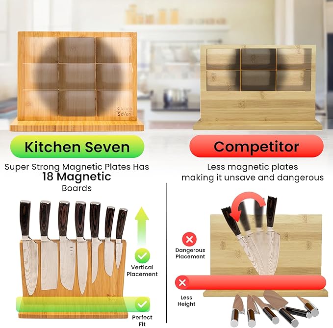 Knife Block Magnetic Knife Holder with Powerful Magnet, 100% Pure Bamboo Large Capacity Knife Organizer Block, Double Side Strongly Magnetic Kitchen Utensil Display (Stand)