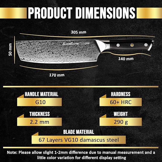 SliceElite Elite Series 7 Inch Nakiri Knife Damascus VG10 Core Forged G10 Handle Polymer Guard Japanese Chef Vegetable Chopping Cleaver Kitchen Knife Sharp Cutting Cooking Tomato Butcher Tool