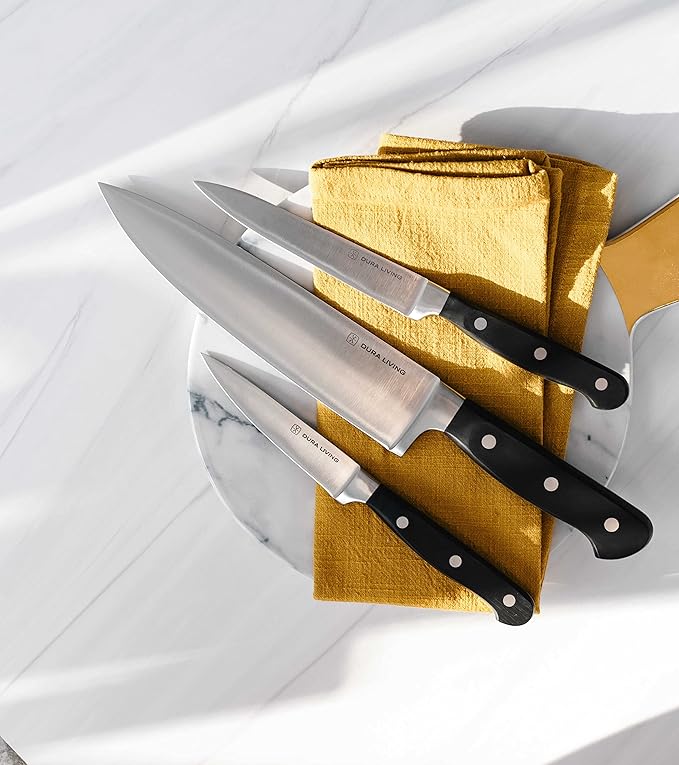 DURA LIVING Chef's Knife Set, 4 Piece Cutlery Knife Set, Superior Forged High Carbon Stainless Steel Ultra Sharp 8 Inch Chef, 7 Inch Santoku, 5 Inch Utility, 3.5 Inch Paring Knives, Black
