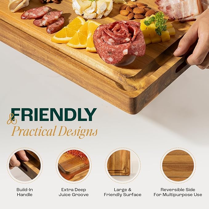 Yes4All Durable Acacia Cutting Boards for Kitchen, [20''Lx15''Wx1.5” Thick] Large Edge Grain Cutting Board, Pre Oiled Wood Cutting Boards, Thick Chopping Board w/Juice Grooves and Easy Grip Handle