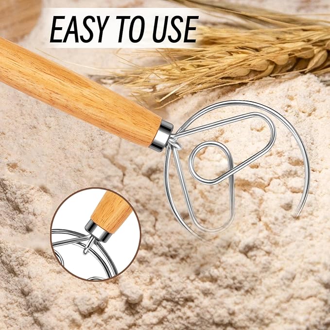 Danish Dough Whisk Stainless Steel Hook Dutch Style Bread Mixer with Wooden Handle for Sourdough Making Tools