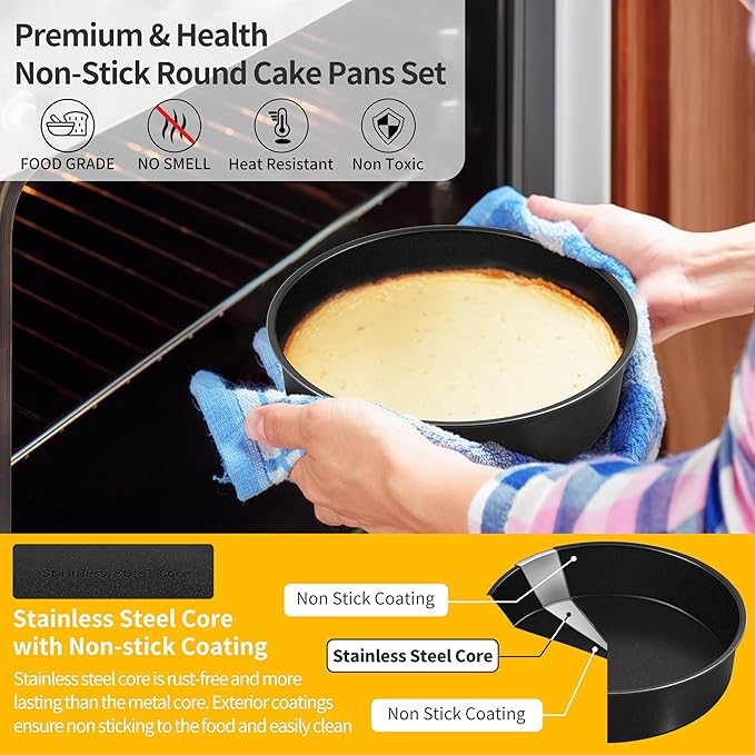 P&P CHEF Non-stick Cake Pan Set of 2,6 Inch Round Baking Cake Pans Tins for Tier Smash Cakes, Non-Toxic & Solid, Stainless Steel Core & Leak-Proof, 2Pcs