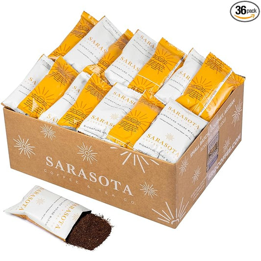Sarasota Coffee Ground Packets | Gourmet Medium Roast Bulk Coffee Packs | Breakfast Blend | Low Acid Mold Free Singles Individual Pouches for 12 Cups | 2.5 Ounce Bags, 36 Count