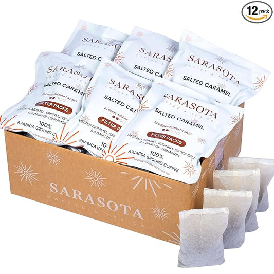 Ground Flavored Coffee In Filter Packs | Medium Roast Low Acid Mold Free Pouches | Sampler Packets | Salted Caramel Gourmet Powder Bags for 10-12 Cup Drip Maker | Highest Rated Individual Premeasured Coffee