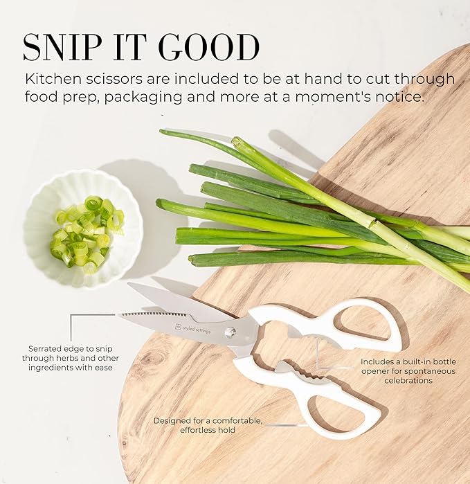 Styled Settings White Knife Set with Block and Sharpener – 14-Piece High Carbon Stainless Steel Knives with Ashwood Block and Built-In Sharpener – Durable White Kitchen Accessories for Cooking